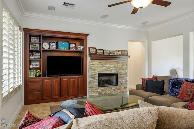 living room with light tile patterned floors, visible vents, a ceiling fan, and ornamental molding