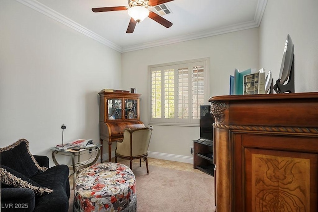 living area with crown molding, baseboards, visible vents, and light carpet