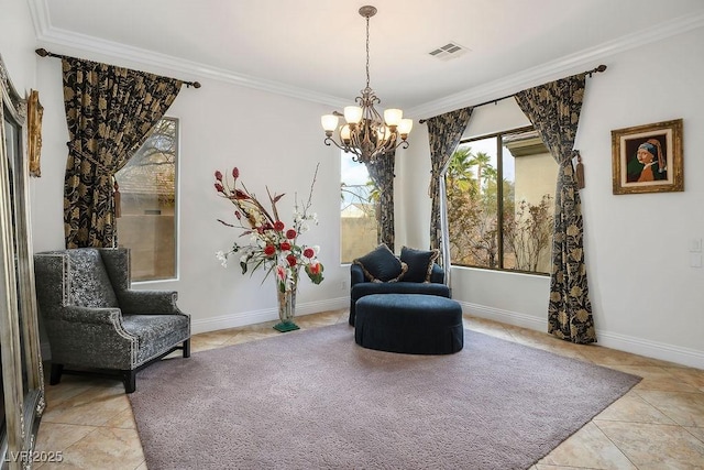 living area with baseboards, visible vents, light tile patterned flooring, crown molding, and a chandelier