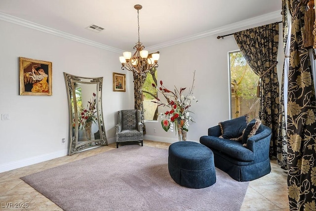 sitting room featuring visible vents, crown molding, baseboards, a chandelier, and light tile patterned flooring