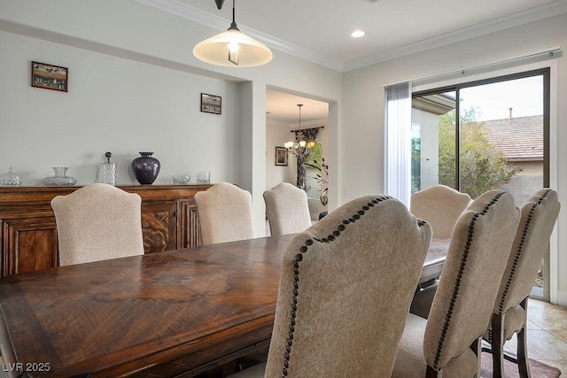 dining room featuring recessed lighting, a notable chandelier, and ornamental molding