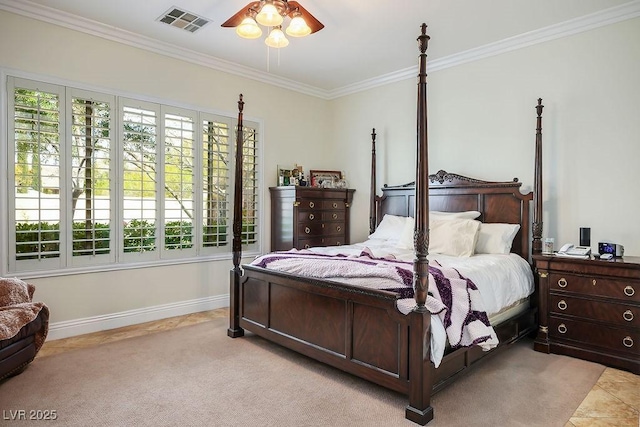 bedroom with ceiling fan, baseboards, visible vents, and ornamental molding