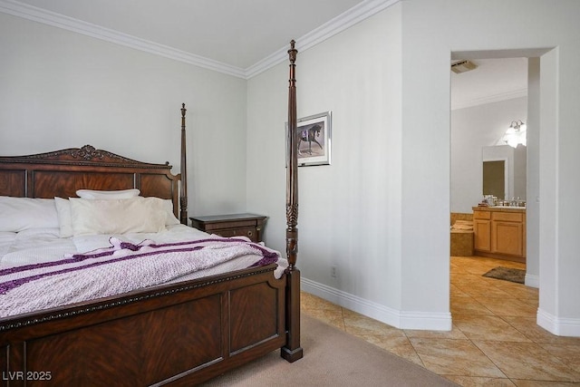 bedroom with light tile patterned floors, visible vents, crown molding, and baseboards