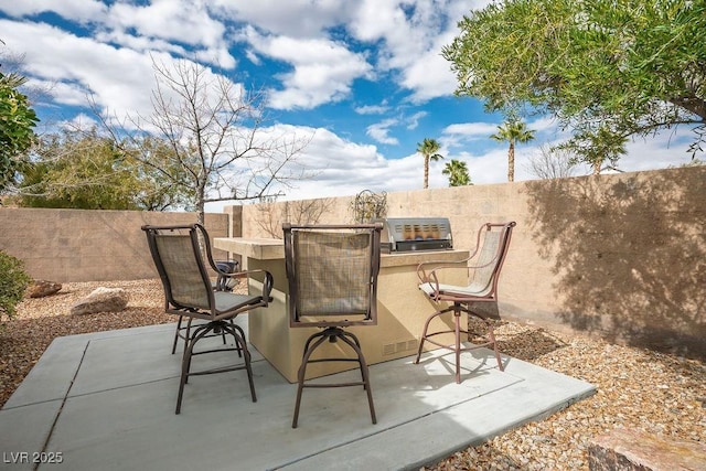 view of patio / terrace with a fenced backyard and outdoor dry bar