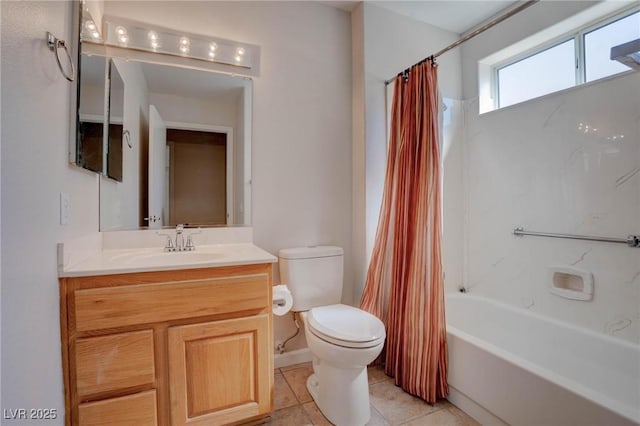 bathroom featuring tile patterned flooring, shower / bathtub combination with curtain, toilet, and vanity