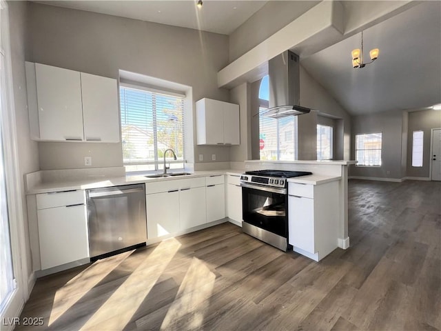 kitchen with wall chimney range hood, appliances with stainless steel finishes, light countertops, and a sink