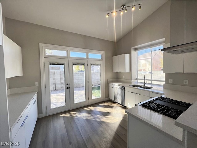 kitchen with a sink, wood finished floors, white cabinets, lofted ceiling, and dishwasher