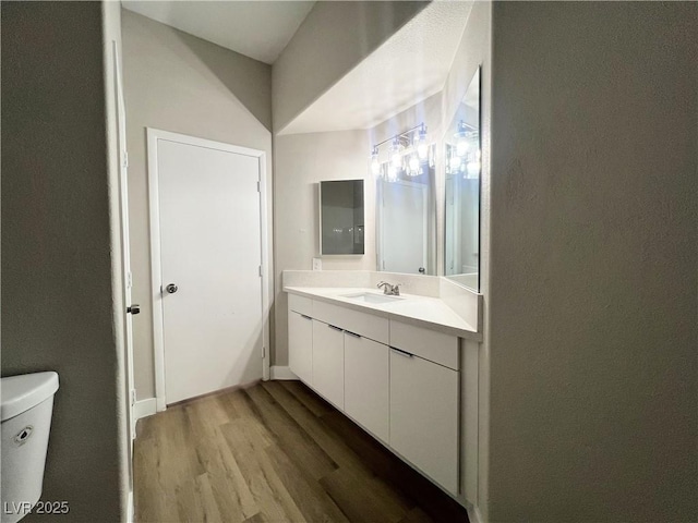 bathroom featuring toilet, vanity, baseboards, and wood finished floors