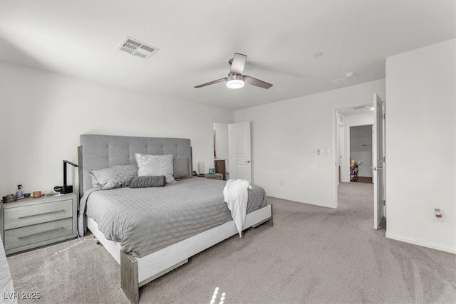 bedroom featuring visible vents, baseboards, ceiling fan, and carpet flooring