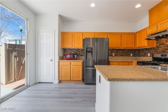 kitchen featuring under cabinet range hood, decorative backsplash, light wood-style flooring, recessed lighting, and stainless steel appliances