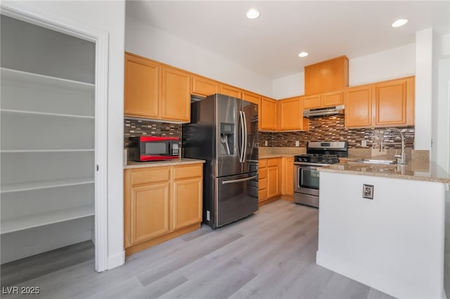 kitchen with a sink, stainless steel appliances, under cabinet range hood, light wood-type flooring, and backsplash