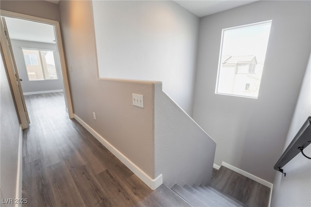 staircase with baseboards and wood finished floors