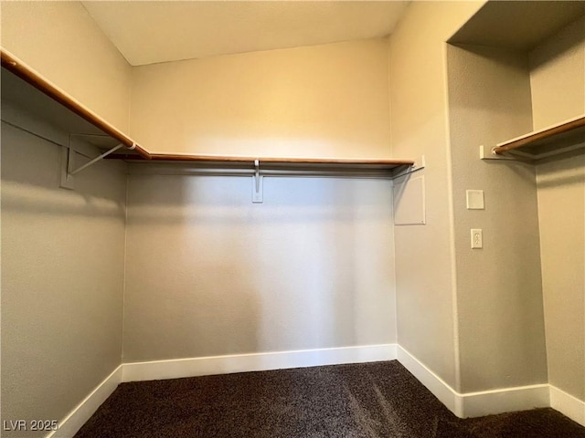 walk in closet featuring dark colored carpet