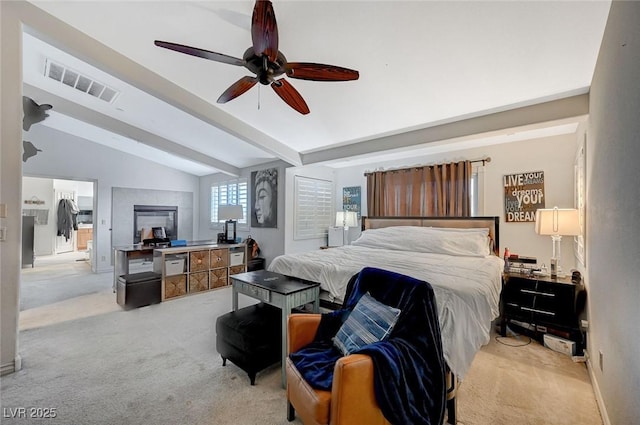 bedroom featuring lofted ceiling with beams, light colored carpet, visible vents, and ceiling fan