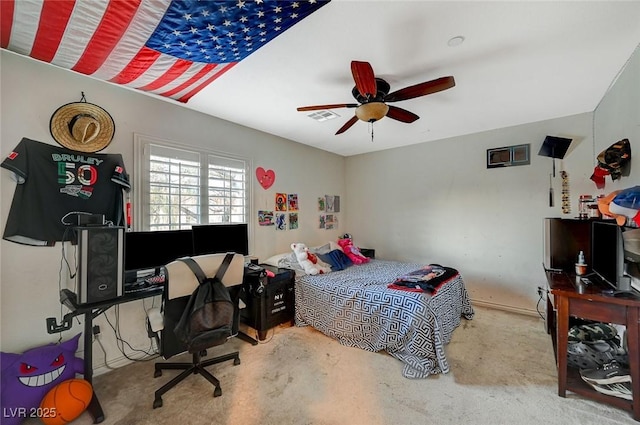 bedroom with a ceiling fan and visible vents