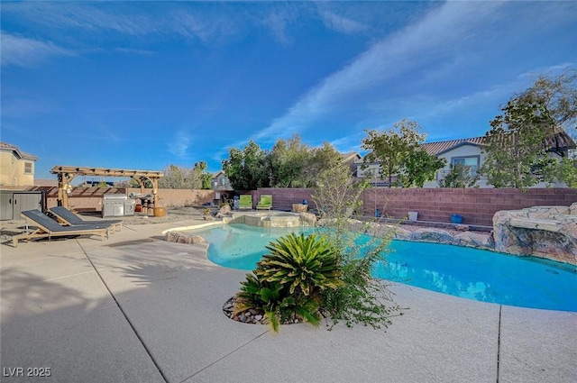 view of swimming pool featuring a pergola, a fenced backyard, a fenced in pool, an in ground hot tub, and a patio area