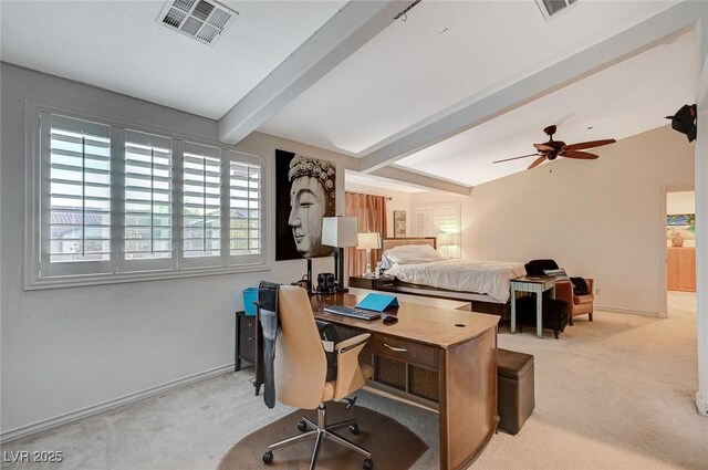 bedroom with lofted ceiling with beams, visible vents, carpet floors, and baseboards