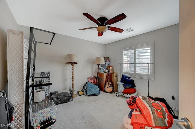 game room featuring visible vents, carpet floors, and ceiling fan