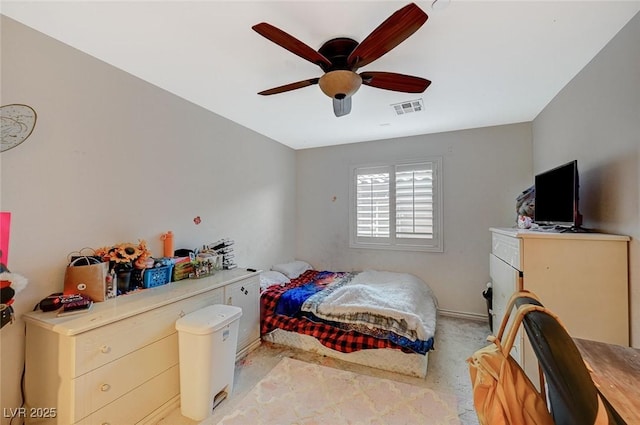 bedroom featuring visible vents and ceiling fan