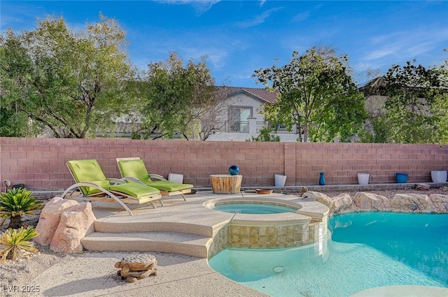 view of swimming pool with a fenced in pool, a patio area, an in ground hot tub, and fence