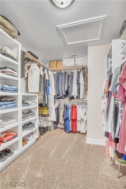 spacious closet with attic access and carpet