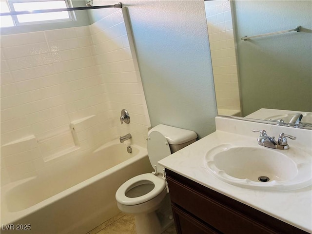 bathroom with vanity, toilet, bathtub / shower combination, and tile patterned flooring