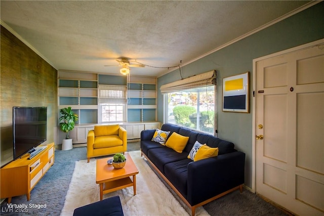 carpeted living area with ceiling fan, a textured ceiling, baseboard heating, and ornamental molding