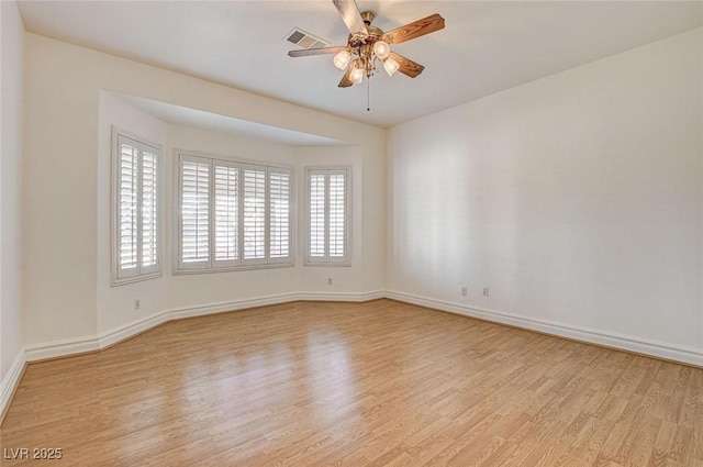 unfurnished room featuring visible vents, baseboards, light wood-style floors, and a ceiling fan