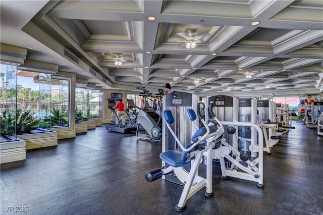 exercise room with visible vents, coffered ceiling, and a ceiling fan