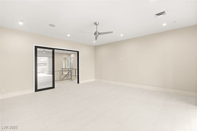 empty room with a ceiling fan, recessed lighting, visible vents, and baseboards