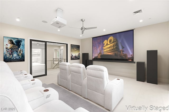 home theater with recessed lighting, visible vents, baseboards, and a ceiling fan