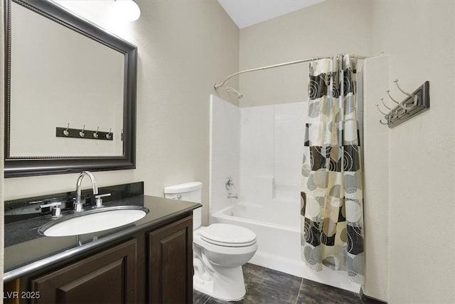 full bathroom featuring vanity, toilet, and shower / bathtub combination with curtain