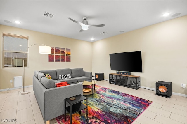 tiled living area featuring recessed lighting, baseboards, visible vents, and ceiling fan