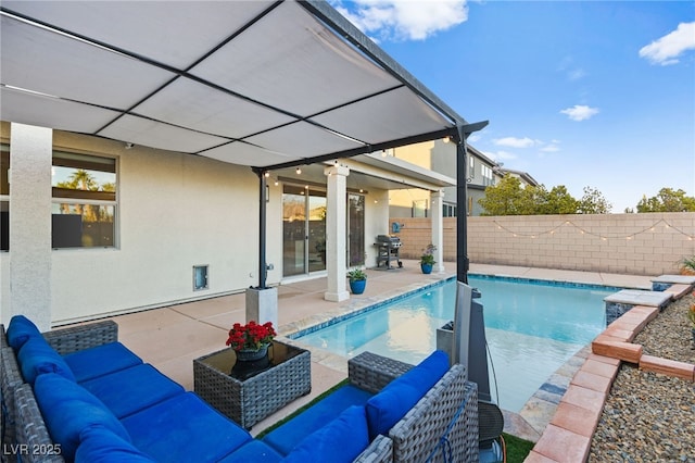 view of pool featuring a fenced in pool, an outdoor hangout area, a fenced backyard, a patio area, and area for grilling