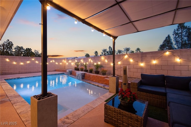 view of pool with a patio area, a fenced backyard, a fenced in pool, and an outdoor hangout area