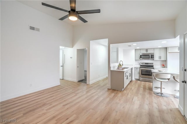 kitchen with a ceiling fan, a sink, open floor plan, appliances with stainless steel finishes, and light countertops