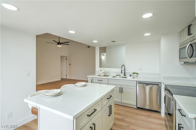 kitchen with ceiling fan, light wood-type flooring, appliances with stainless steel finishes, and a sink