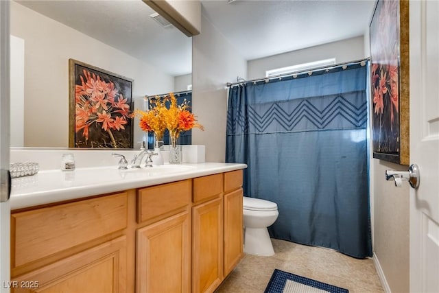 bathroom featuring visible vents, toilet, vanity, and a shower with shower curtain