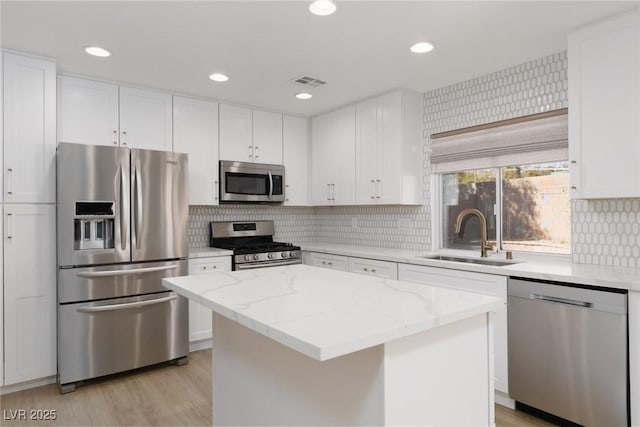 kitchen featuring a sink, white cabinets, visible vents, and stainless steel appliances