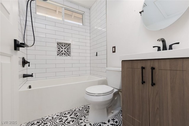 bathroom featuring shower / tub combination, tile patterned floors, toilet, and vanity