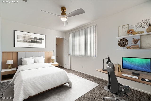 bedroom with a ceiling fan, carpet, and baseboards