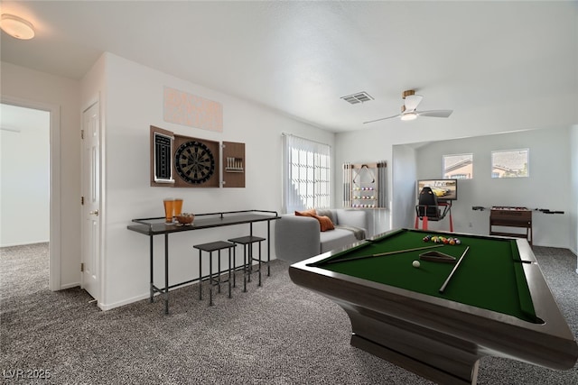 playroom with a ceiling fan, carpet, visible vents, and baseboards