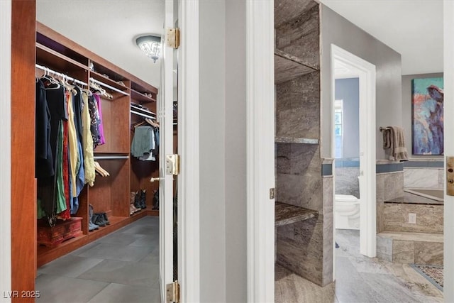 bathroom with toilet and a walk in closet