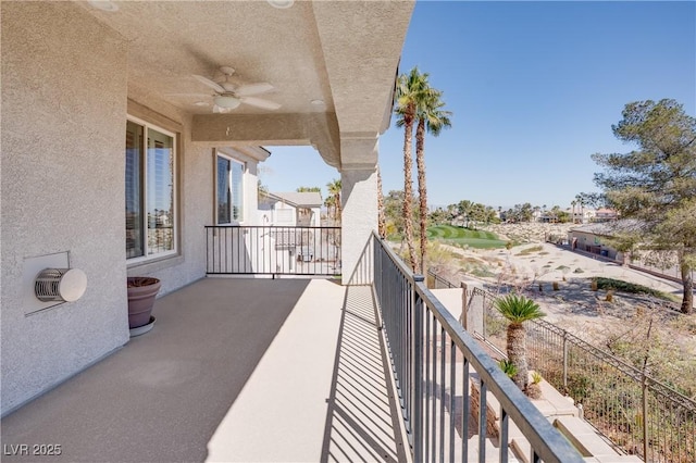 balcony featuring a ceiling fan