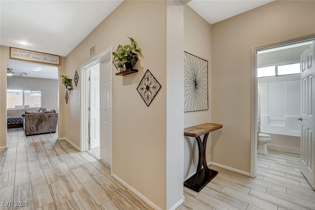 hallway with wood finish floors, baseboards, and a healthy amount of sunlight