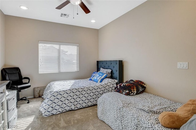 carpeted bedroom featuring visible vents, recessed lighting, baseboards, and ceiling fan