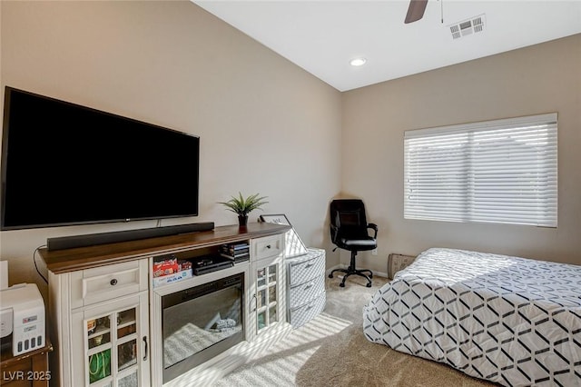 carpeted bedroom with recessed lighting, baseboards, visible vents, and ceiling fan