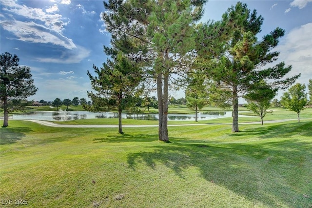 view of community featuring golf course view, a lawn, and a water view