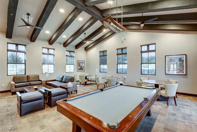 rec room with lofted ceiling with beams, visible vents, baseboards, and a ceiling fan