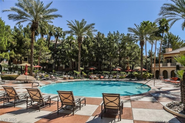 community pool with a patio area